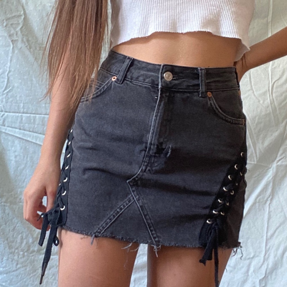 Black Lace Up Denim Skirt